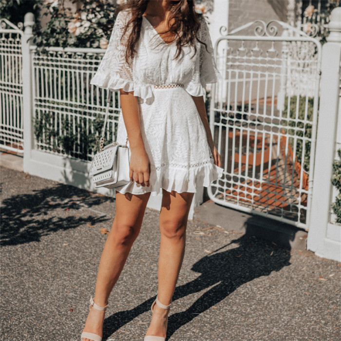 Boho Lace Ruffle Cutout Sexy V Neck High Waist A Line Mini Dress
