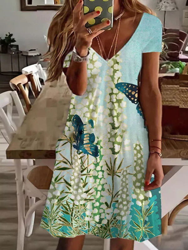 Women Loose Vintage Ruffles Casual Printed Beach Dress