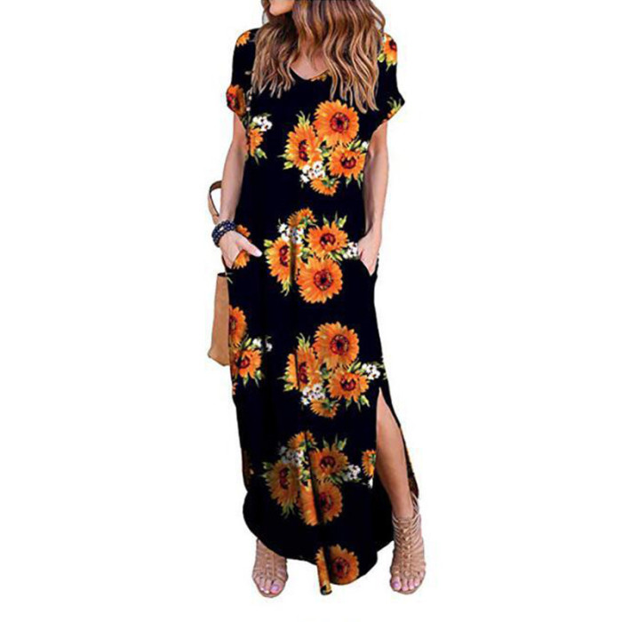 Elegant Boho Floral Maxi Dress V-Neck Short Sleeve Irregular Casual Beach Dress