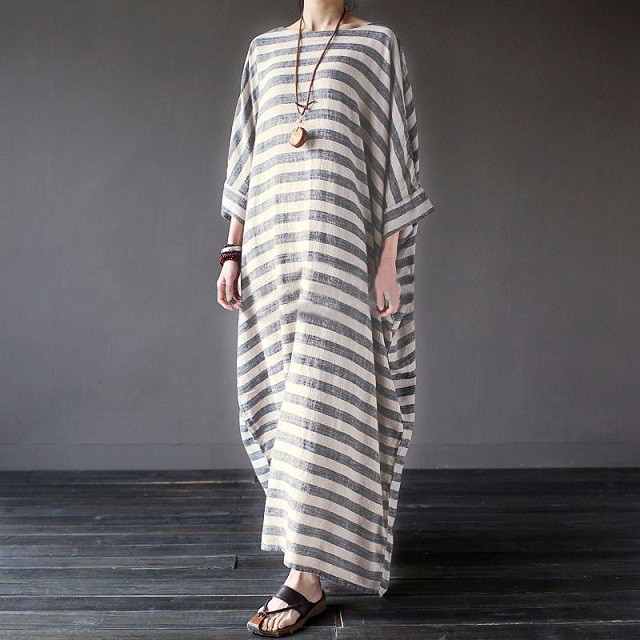 Women Cotton Linen Striped Dress