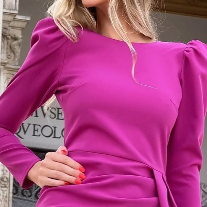 Elegant Sexy Puff Sleeve Round Neck Neck Waist Pleat Slit Solid Color Party Bodycon Dress