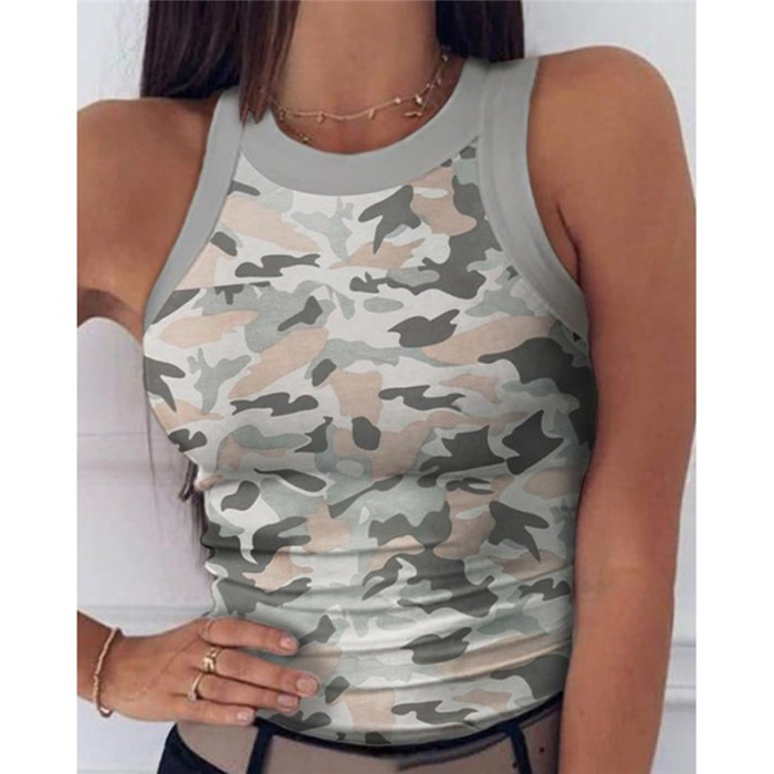 Fashion Print Camouflage Tank Sleeveless O-Neck Slim Fit Blouses & Shirts