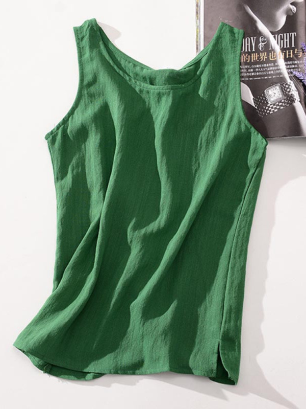 Women's Cotton and Linen Sleeveless  O Neck Basic Camisole Top