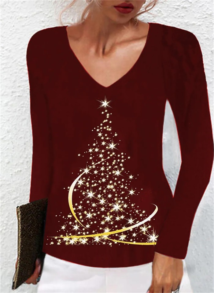 Women Vintage Elegant Long Sleeve  Christmas Trend T-shirt