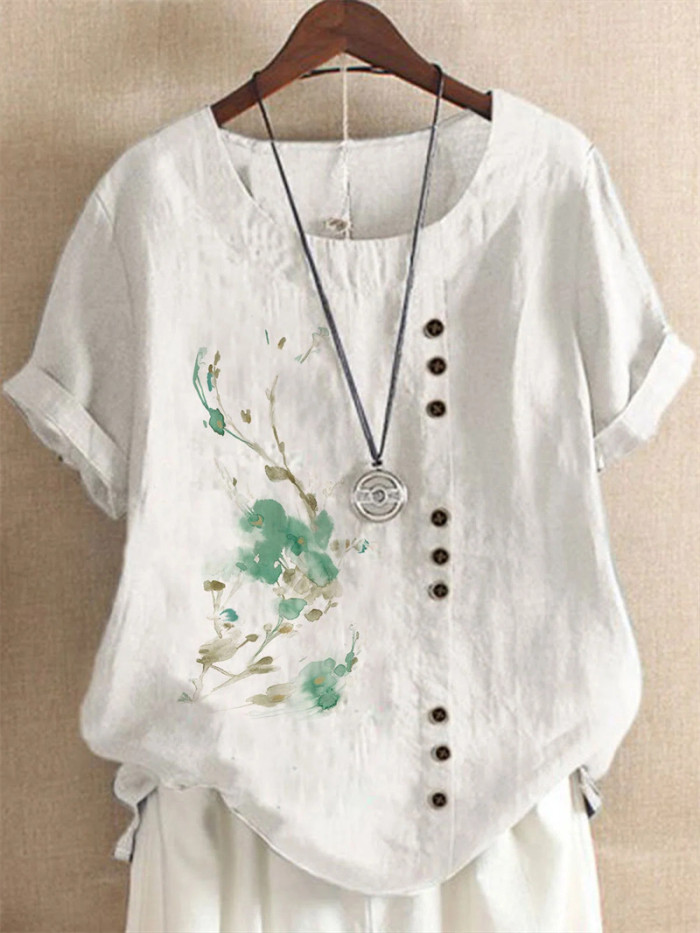 Elegant Floral Print Casual Round Neck Fashion Cotton Linen Blouses & Shirts