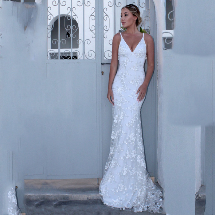 Women White Party Sexy V-Neck  Floor-Length Lace England Style  Wedding Prom Dress