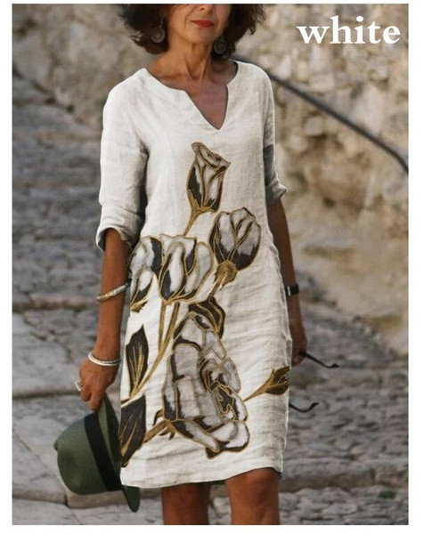Fashion Printed Half Sleeve V Neck Loose Beach Dress