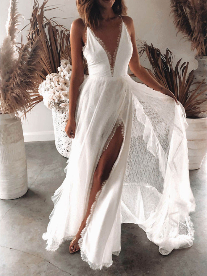 Fashion White Casual Sexy V Neck Backless Slit Wedding Party Irregular Prom Dress