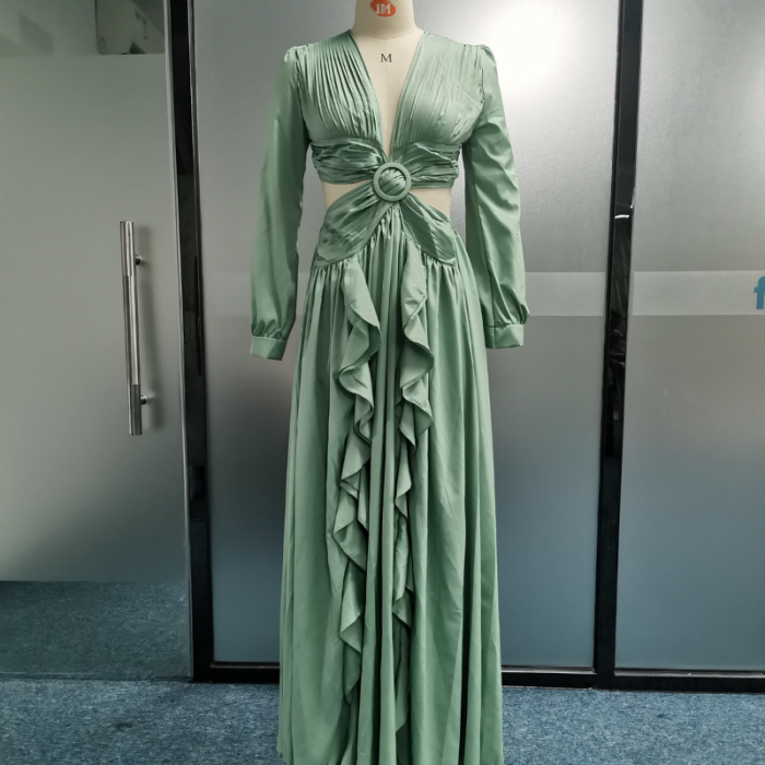 Fashion Solid Color High Waist V Neck Pleated Ruffle  Maxi Dress