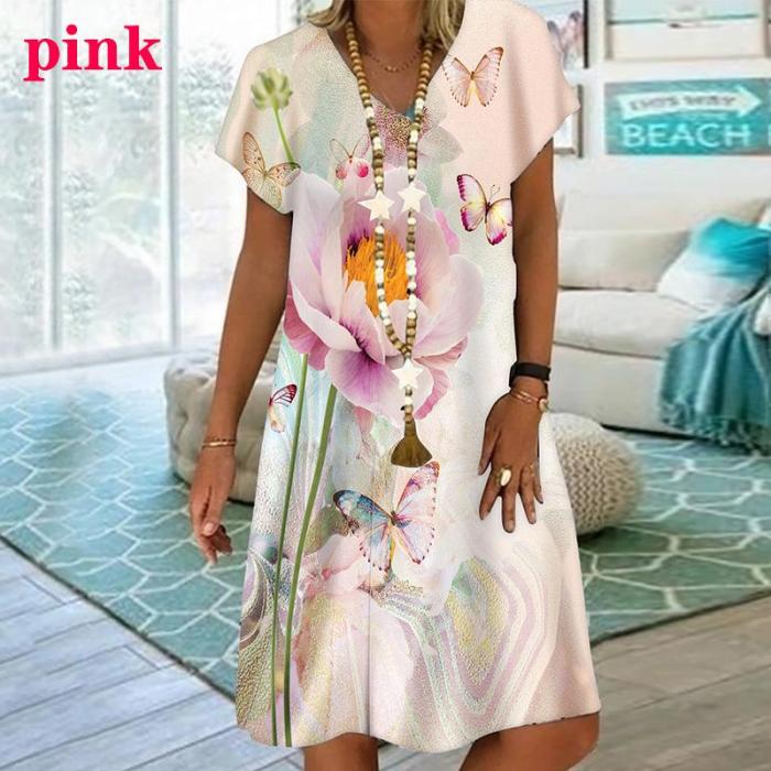New Women's Casual Loose Printed V-Collar Short Sleeve Dress