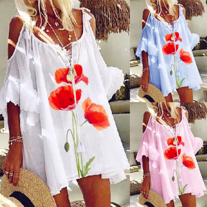 Women Loose Off Shoulder Boho Lace Vintage Ruffles Beach Dresses