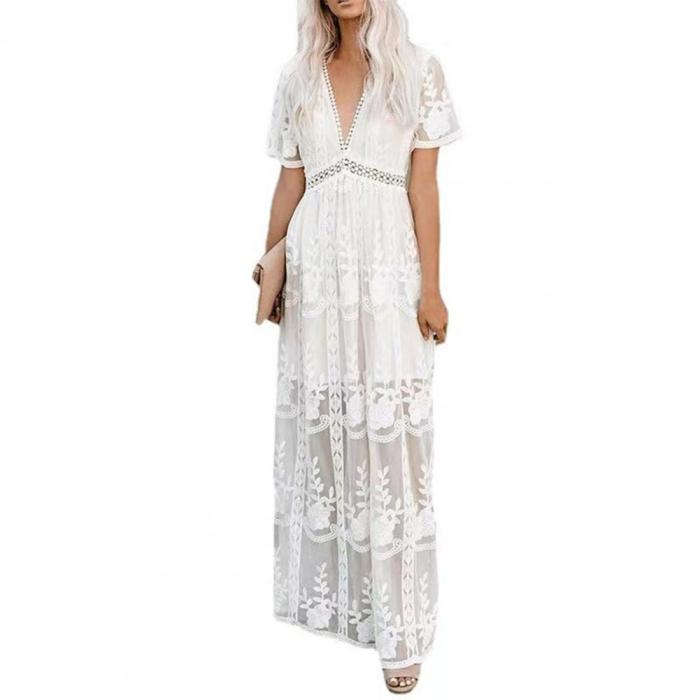 Boho Loose Embroidered White Lace Tunic Solid  Maxi Dress