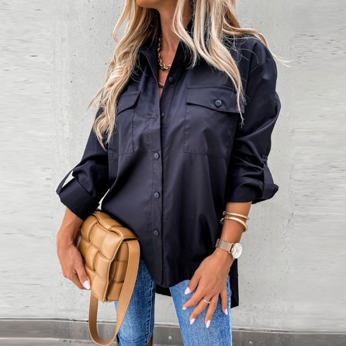 Fashion Casual Long Sleeve Pocket Lapel Elegant Retro Loose Irregular Blouses