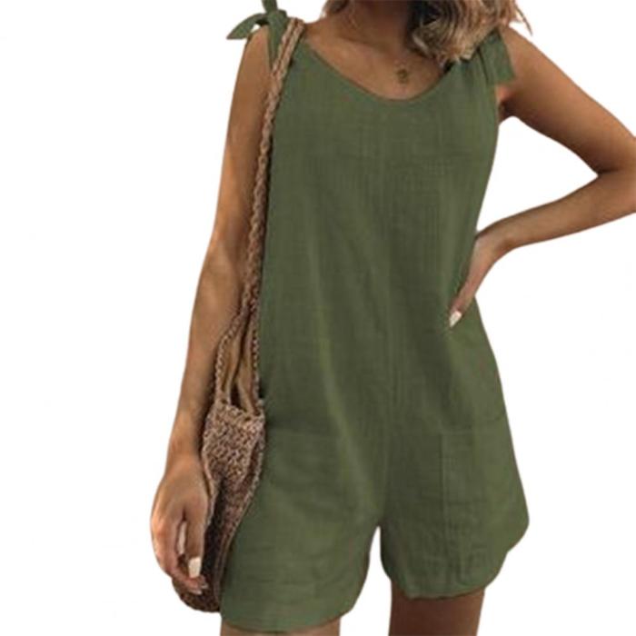 Women Solid Color Shoulder Strap Round Neck Pockets Jumpsuit