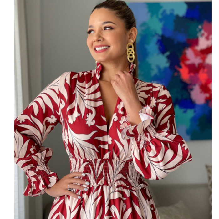 Bohemian Print Fashion Long Sleeve Print V Neck Retro Maxi Dress