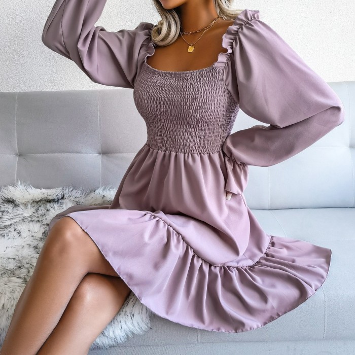 Trendy Long Sleeve Square Neck Solid Ruffle Bohemian Mini Dress