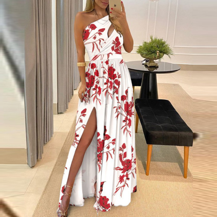 Sexy Hollow Sleeveless Party Elegant Strapless Slit Fashion Print Prom Dress