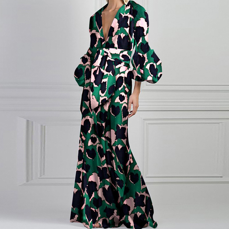 Fashion Print Puff Sleeve V Neck Party Maxi Dress