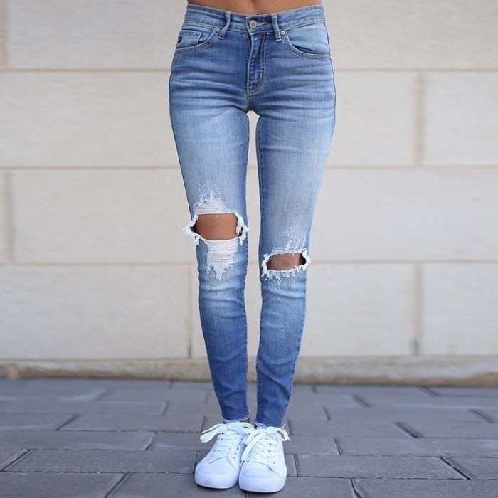 New ripped for women Fashion mid-waist stretch Denim pencil jeans