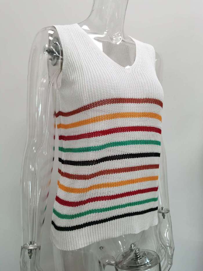Casual Sexy V Neck Knitted Stripe Women's  Camisole Top