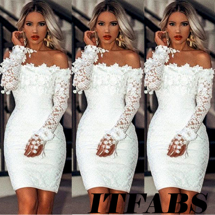 Sexy White Lace Long Sleeve Tight Off-Shoulder Lace Mini Dress