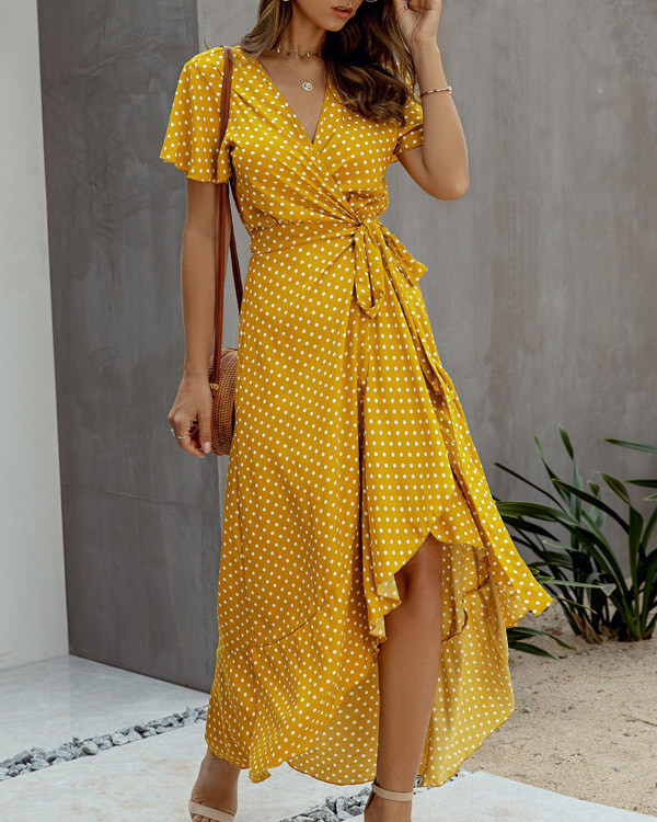 Fashion Ruffle Short Sleeve V Neck Sexy Polka Dot Print Elegant  Maxi Dress