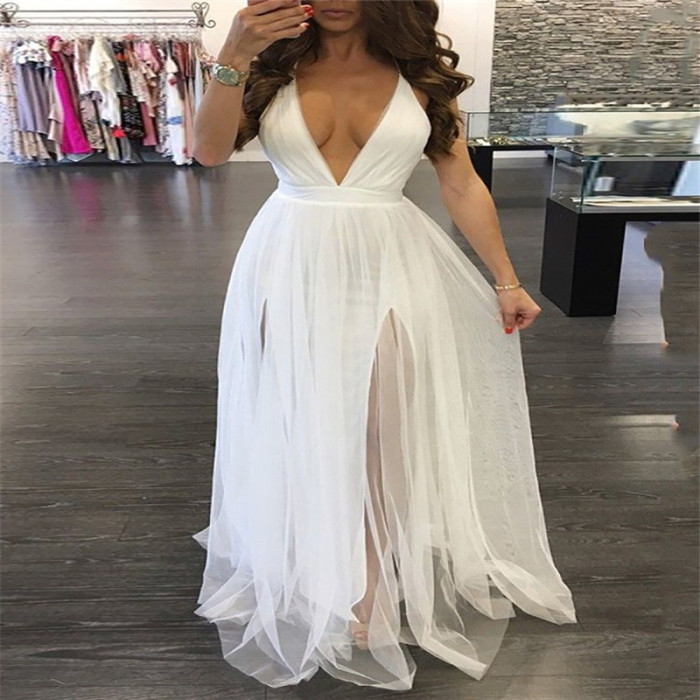Sexy Solid Color V Neck Tulle Sleeveless Backless Evening Prom Dress
