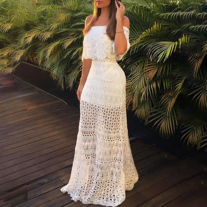 Solid Color Elegant Sheer Lace Cutout Sexy Party Maxi Dress