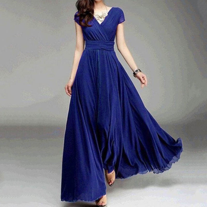 Vintage Solid Color Party Fashion V Neck A Line Elegant Maxi Dress