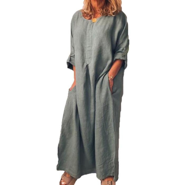 Casual Solid Color Oversize Cotton Linen Shirt Maxi Dress