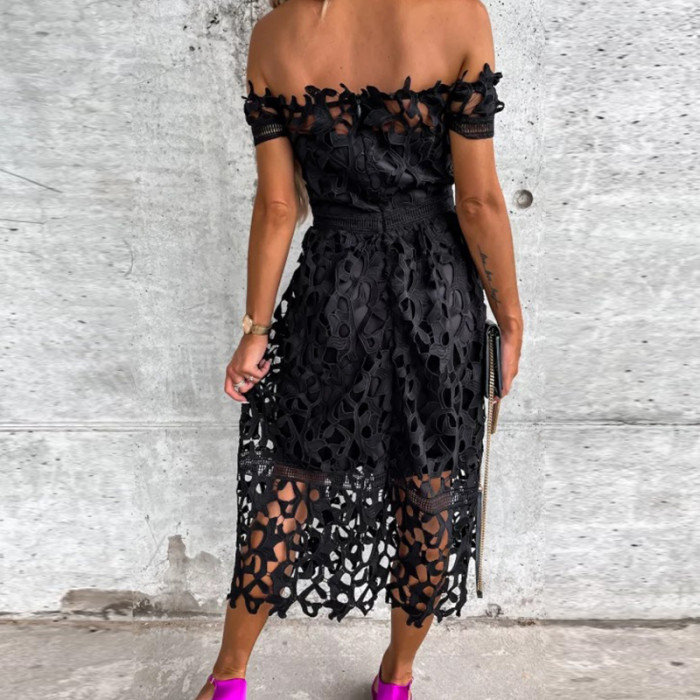 Fashion Solid Color Elegant Backless Party Sexy Lace Cutout  Midi Dress