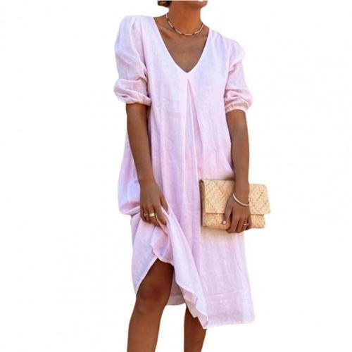 Chic Casual V Neck Puff Half Sleeve Solid Color Midi Dress