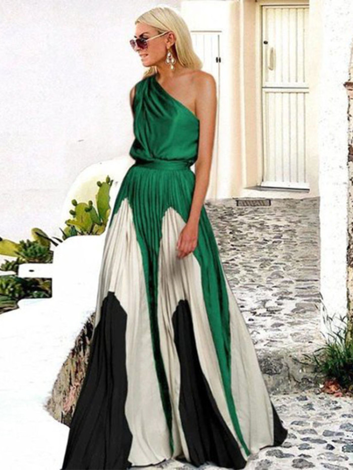 Elegant One Shoulder Vintage Popular Print Patchwork Maxi Dress