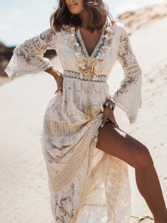 Solid Color V-neck Hollow Lace Long-sleeved Slim Mini Dress main image 1