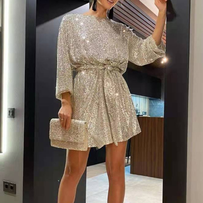 Elegant Solid Sequin Party Casual Long Sleeve A-Line Mini Dress