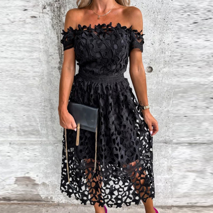 Fashion Solid Color Elegant Backless Party Sexy Lace Cutout  Midi Dress