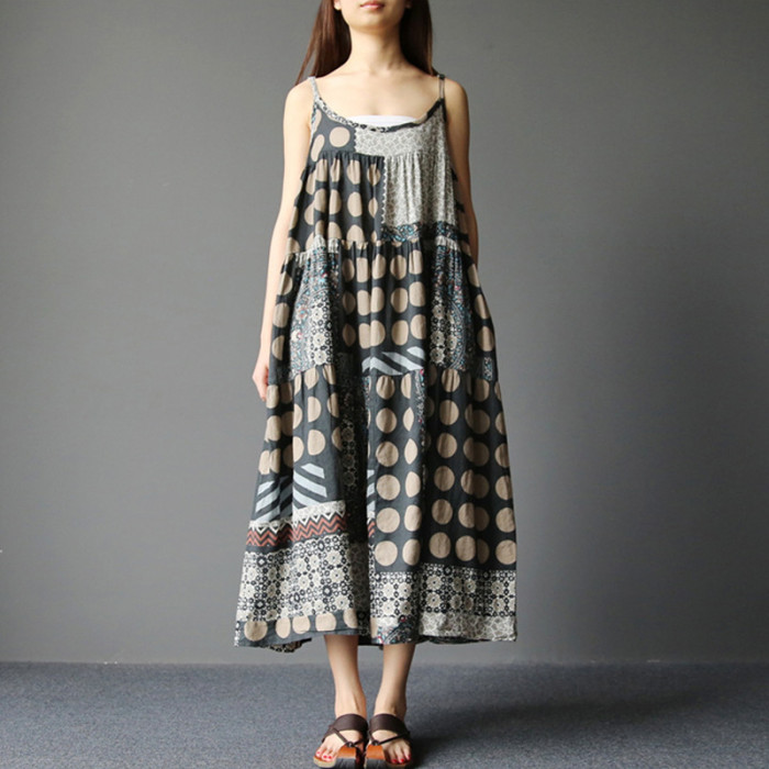 Cotton Linen Bohemian Sleeveless Loose Casual Midi Dress