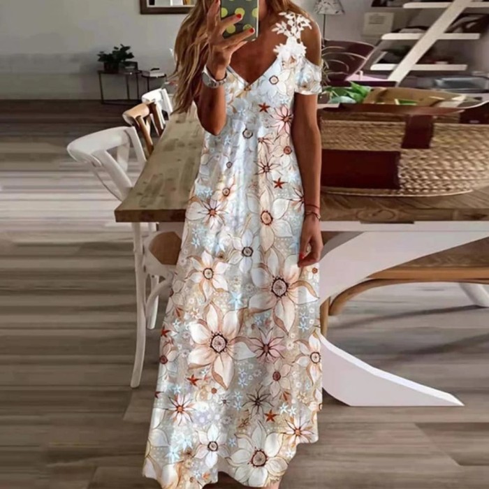 Off Shoulder Sexy Hollow Out Floral V-Neck Bohemian Maxi Dress