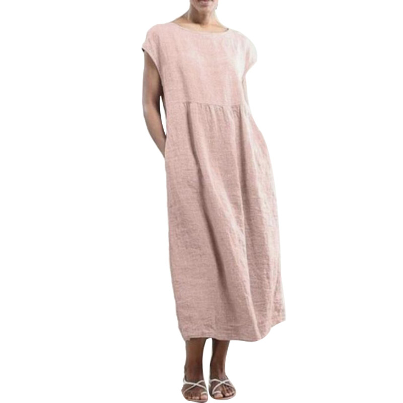Casual Solid Color Short Sleeve Loose Shift Robe Midi Dress