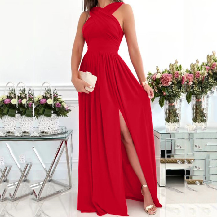Sexy High Slit Halter Elegant Lace Strap Off Shoulder A Line Solid Color Prom Dress