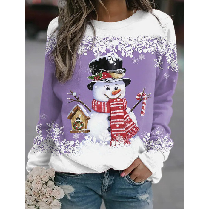 Women's Christmas Snowman Print Long-sleeved Casual Round Neck Pullover T-shirt