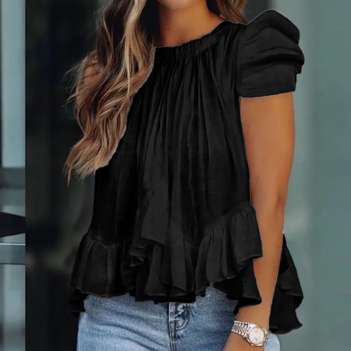 Fashion Solid Color Tops Sexy Ruffles Elegant Loose Casual  Blouses & Shirts