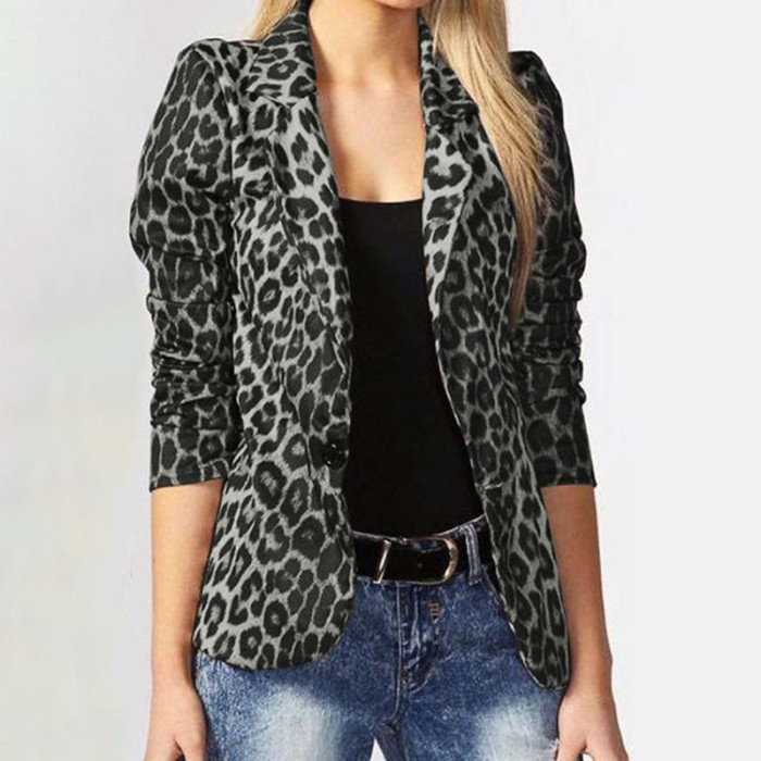 Women Leopard Long Sleeves Single Button Casual Blazer