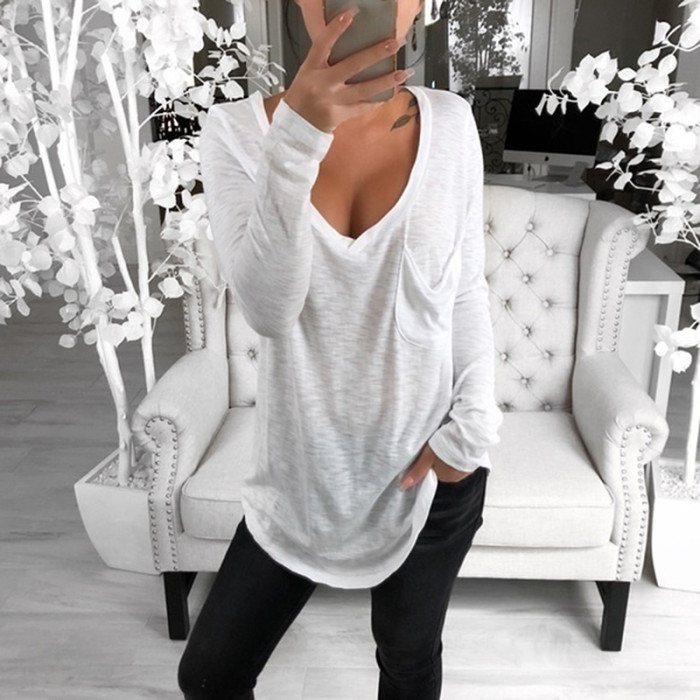 Basic V Neck Long Sleeve Fitted Plain Clothing Slim T Shirts