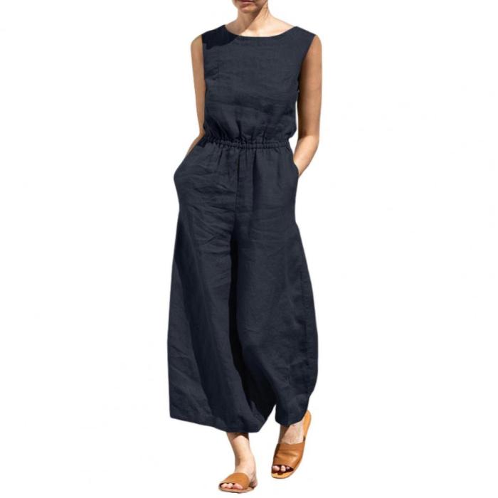 Women's Fashion O-Neck Loose Casual Sleeveless Wide-Leg Jumpsuit