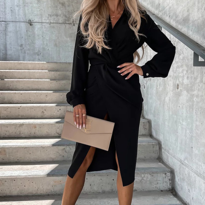 Elegant Long Sleeve V Neck Sexy Fashion Solid Color Crossover  Midi Dress