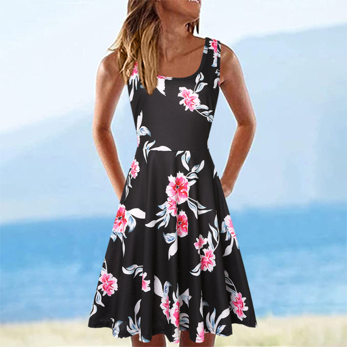 Fashion Elegant Sleeveless U Neck A Line Print Loose Casual Dress