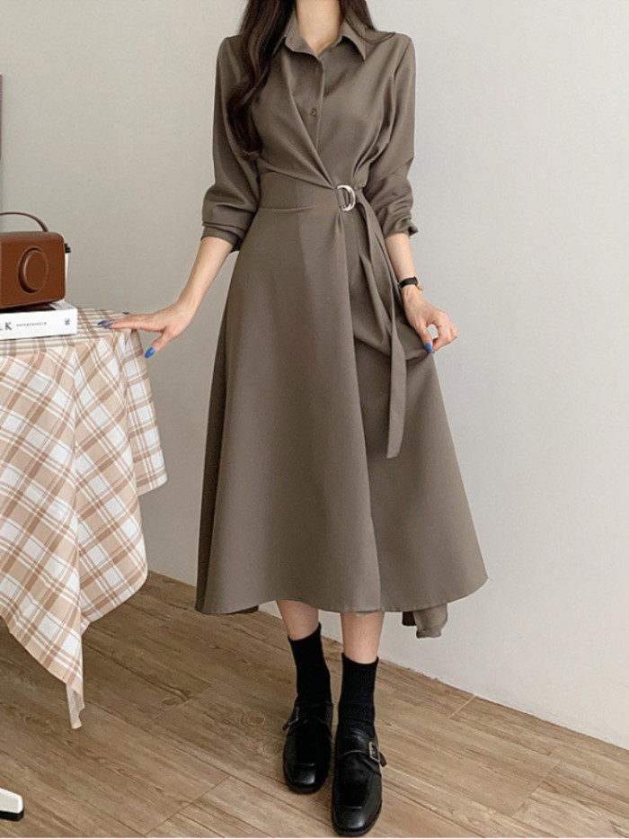 hic A Line Shirt Fashion Button Solid Color Loose Midi Dress