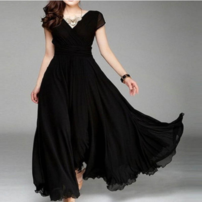 Vintage Solid Color Party Fashion V Neck A Line Elegant Maxi Dress