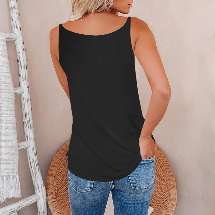 Fashion Solid Color Sleeveless Top Casual Loose Printed Zipper V Neck  Camisole